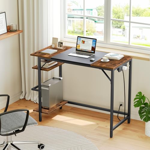 HOOBRO Small Computer Desk, Home Office Desk with Power Outlet, Writing Desk with 2 Shelves, Modern Small Desk for Home Office, Study, Easy to Assemble, Rustic Brown and Black BF43UDN01