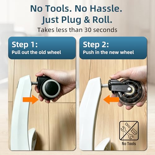 WEWILL Office Chair Wheels - Rubber Casters Replacement Universal Fit 98% Chair(Set of 5) Heavy Duty 3 Inch Smoothly & Quietly Safe for All Floor, Hardwood, Tile, Carpet, Noise Free - Clear