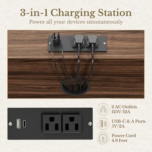 Perledesign 3 Drawer File Cabinet, Fluted Wood Lateral Filing Cabinet with Charging Station for Home Office, Fits for A4/Letter-Sized Files, Printer Stand with Open Storage Shelves, Black Walnut
