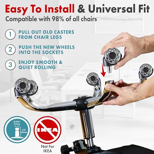 SEDDOX Office Chair Wheels Replacement Set of 5 - Dual 2 Inch Soft Chair Casters for Hardwood Vinyl Tile - Heavy Duty & Safe for All Floors - Universal Fit Most Computer Gaming & Desk Chairs - Grey