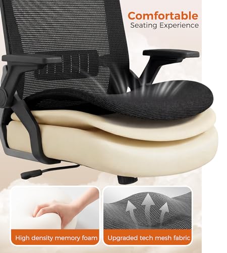 GTPLAYER Ergonomic Office Chair with Flip-up Armrests Executive Computer Chair for Home Office, Breathable Mesh & Comfy Lumbar Support, Black