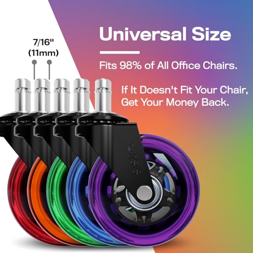 The Office Oasis Original Roller Style Office Chair Wheels (As Seen On PBS) - Smooth & Quiet Casters - Safe for Hardwood Floors & Carpet - Easy Installation with Universal Fit - Set of 5 - Rainbow