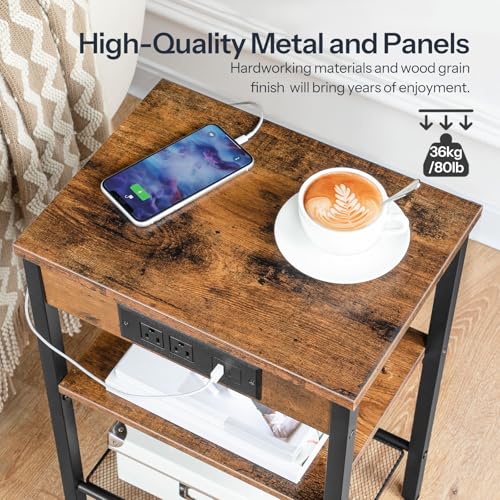 HOOBRO Side Table with Charging Station and USB Port, Small End Table for Small Space, 3-Tier Nightstand with Adjustable Shelf, for Living Room, Bedroom, Rustic Brown BF112BZ01