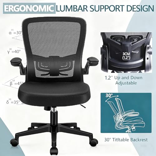 KLASIKA Desk Chairs with Wheels, Ergonomic Mesh Office Chair Adjustable Height and Swivel Lumbar Support Home Office Chair with Flip Up Armrests (8PK)