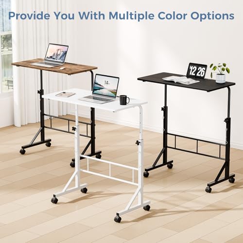 DUMOS 31.5" Adjustable Height Mobile Desk with Locking Wheels & Pin-Lock, Portable Workstation for Walking Pad & Active Home Office, Small Bedroom Desk, White