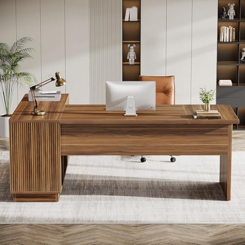 Tribesigns 70.8-Inch Executive Desk, L-Shaped Desk with with File Cabinet, Large Modern Office Desk with Storage Shelves, Fluted Business Furniture Workstation for Home Office, Walnut Brown