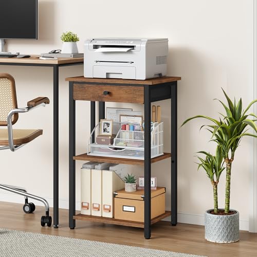 Gewudraw Printer Stand with Storage Drawer, 3-Tier Under Desk Printer Table, End Table for Home Office, Living Room, Bedroom, Brown