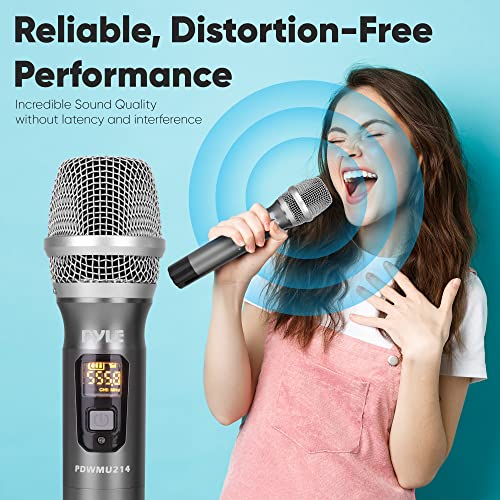 Pyle Dual UHF Wireless Microphone System - Professional Handheld Dynamic Cordless Mics with Receiver Kit - Battery Powered, Unidirectional, Clear Vocals w/ 165ft+ Range - for PA, Karaoke, DJ, Party