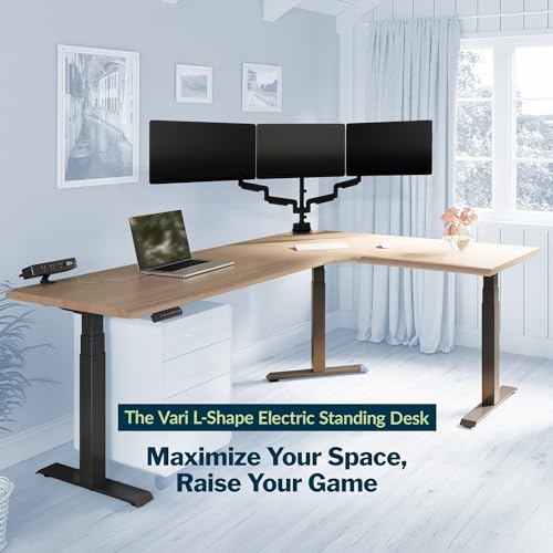 Vari ComfortEdge 80x60 L-Shape Electric Standing Desk – Height Adjustable Sit-Stand VariDesk for Corner Office with Reversible Left/Right Design – Light Wood Top/Slate Legs (Ships in 3 Boxes)