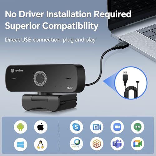 N newline 4K Webcam for PC with Dual Microphones, Autofocus USB Camera with Privacy Cover and Auto Light Correction, Plug and Play for Laptop, Mac, Zoom, Teams, Video Calls and Streaming