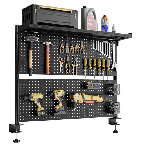 EUREKA ERGONOMIC Metal Pegboard, 43x34inch Clam on Desk Pegboard with Dual Monitor Stand, Garage Pegboard with 4 Accessories, Desk Shelves for Tool organizer, Office, Gaming Desk, Workbench, Black