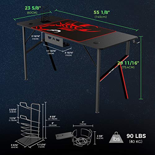 EUREKA ERGONOMIC Gaming Desk 55 inch, Professional Gaming Table Gamer Workstation with Cable Management Tray, Controller Stand, Cup Holder, Headphone Hook, Mouse Pad, Black