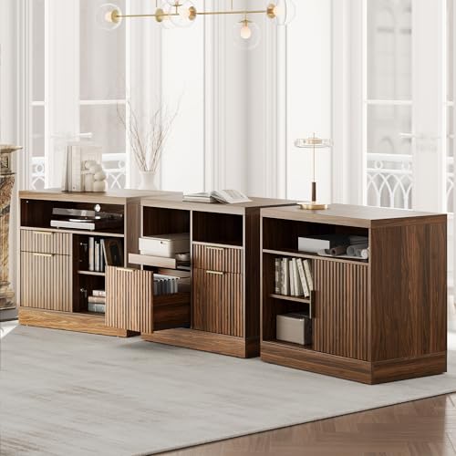 Perledesign 3 Drawer File Cabinet, Fluted Wood Lateral Filing Cabinet with Charging Station for Home Office, Fits for A4/Letter-Sized Files, Printer Stand with Open Storage Shelves, Black Walnut