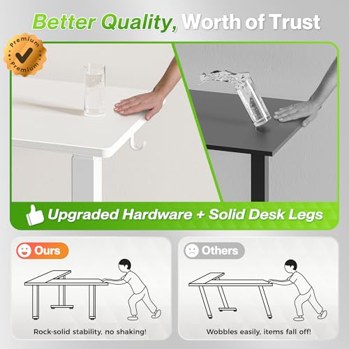 Huuger L Shaped Standing Desk with Power Outlets, 63 x 55 Inch Height Adjustable Computer Desk for Bedroom, Corner Stand up Desk for Home and Office, Work and Study, White