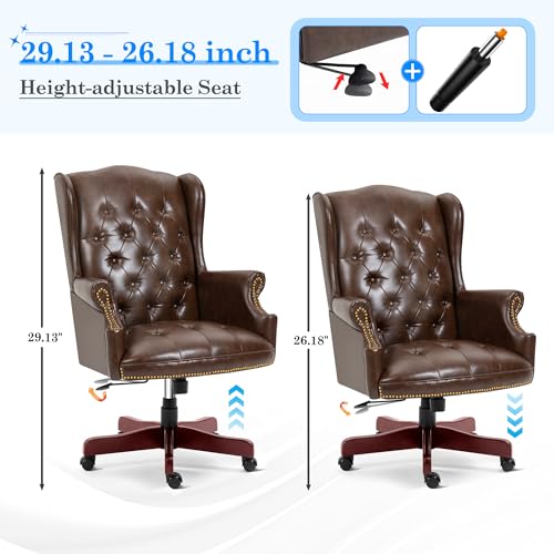 Big and Tall Executive Office Chair, Ergonomic 360° Swivel Recliner Chair, Retro Brown Faux Leather Home Office Desk Chairs w/Button Tufted Wingback Comfy Luxury Heavy Duty 500 Lb & Height Adjustable