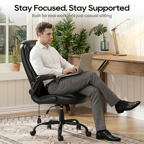 MALOL Leather Office Chair, Computer Desk Chair with Adjustable Lumbar Support, Thick Cushion, Flip-Up Arms and Ergonomic Back, Comfy Executive Office Chair for Home Office Gaming,Black