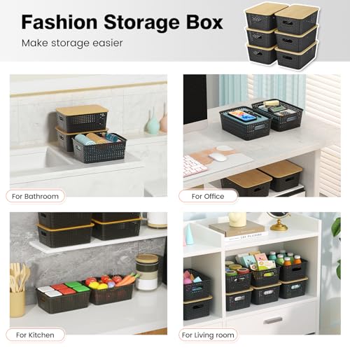 Ohmlove Plastic Storage Baskets With Bamboo Lid - Plastic Storage Containers Stackable Storage bins: Storage Baskets for Organizing Shelves Drawers Desktop Closet Playroom Classroom Office, 6 Pack
