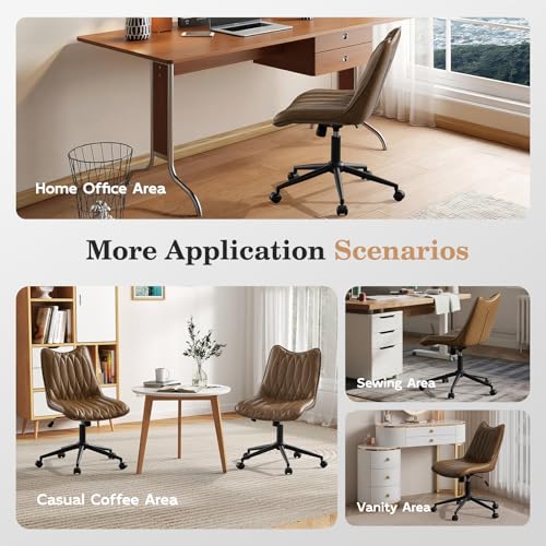 Bananister Armless Office Chair, Swivel Rolling Leather Desk Chair, Brown