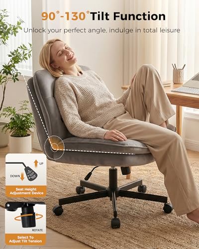COMHOMA Criss Cross Office Chair with Wheels Armless Desk Chair Comfy, Modern Vanity Chair for Home Bedroom, Comfortable Wide Seat for Lower Back Pain Relief, Soft Velvet, Gray