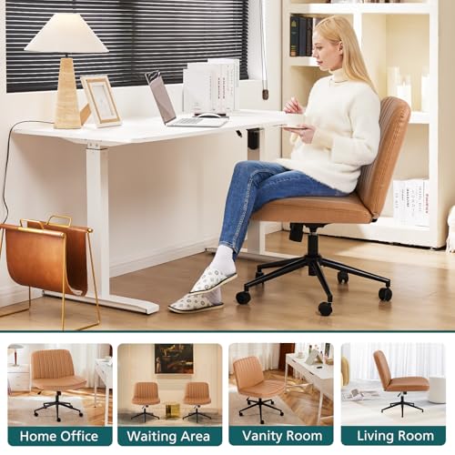 OLIXIS Criss Cross Chair with Wheels Wide Cross Legged Office Desk Vanity Chair Comfy Fabric Armless Adjustable Swivel for Home Computer Task PU Brown