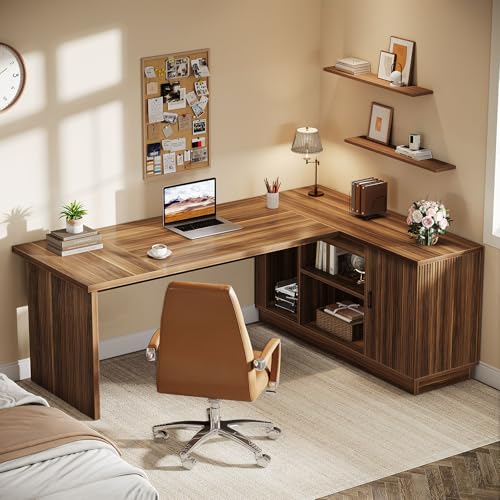 Tribesigns 70.8-Inch Executive Desk, L-Shaped Desk with with File Cabinet, Large Modern Office Desk with Storage Shelves, Fluted Business Furniture Workstation for Home Office, Walnut Brown