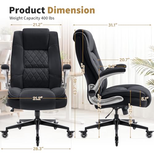Fabric High Back Office Chair with Lockable Quiet Casters, Thick Padded Ergonomic Computer Chair- Adjustable Lumbar Support & Flip-Up Arms, Wide Executive Desk Chair for Back Pain, 400LBS Capacity