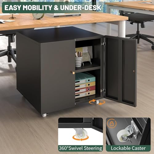 TEEALUBAN Large Printer Stand with Storage,3D Heavy-Duty Printer Table for Home Office with Wheels,2 Doors and Adjustable Shelves,23.62" H Black