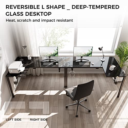 EUREKA ERGONOMIC RGB LED Lights 60 Inch L Shaped Reversible Black Glass Gaming Desk Home Office Computer Table GTG L60