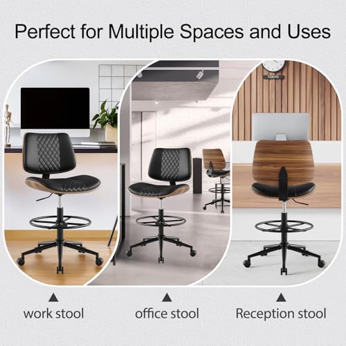 BERYTH Drafting Chair with Adjustable Footrest, Armless Modern Tall Office Chair for Standing Desk, PU Leather Swivel Stool in Curved Bentwood Style, Ergonomic Rolling Walnut Chair for Office(Black)
