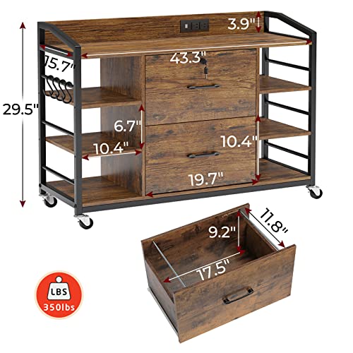 SEDETA 44" File Cabinet, Filing Cabinet fits Legal/Letter Size, 2 Drawer File Cabinets for Home Office with Lock, Power Strip, 6 Storage Shelves, Rustic Brown