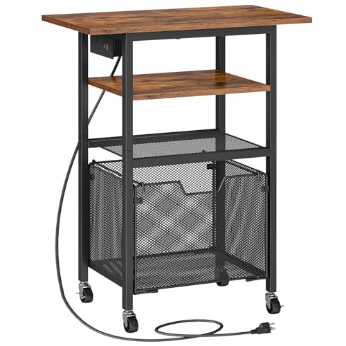 HOOBRO Printer Stand, Printer Table with Charging Station, Printer Cart with Hanging File Folder Organizer, Rolling File Cabinet Cart, Shelf for Home Office, Rustic Brown and Black BF17UPS01