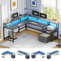 SEDETA L Shaped Desk, 66" Home Office Desk with File Drawer & Power Outlet, Gaming Desk with Led Lights, Corner Computer Desk with Monitor Shelf, Printer Storage Shelves, Two Person Desk, Grey