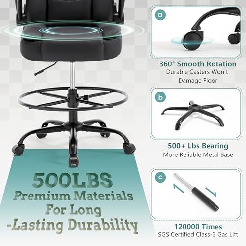 Ergonomic Drafting Chair, Tall Office Chair for Standing Desk, High Back Standing Desk Chair with Flip-Up Armrest, Adjustable Height&Foot Ring, Executive PU Leather Extended Height Office Chairs,Black
