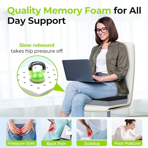 AUVON Ventilation Seat Cushion with Innovation Heat Dissipation Design, Wheelchair Cushion with Supportive Memory Foam, Waterproof & Anti-Slip Cover, Improve Lower Back & Tailbone Comfort