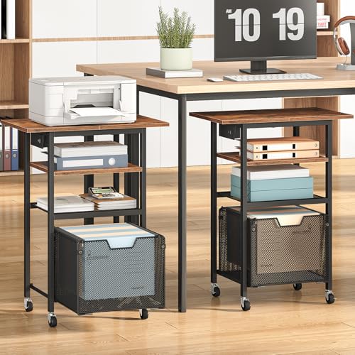 HOOBRO Printer Stand, Printer Table with Charging Station, Printer Cart with Hanging File Folder Organizer, Rolling File Cabinet Cart, Shelf for Home Office, Rustic Brown and Black BF17UPS01