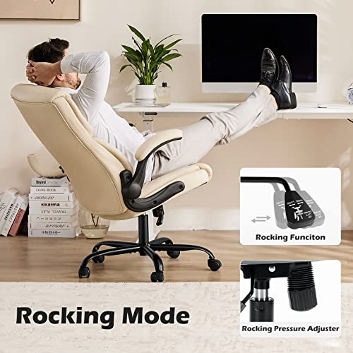 DUMOS PU Leather Office Chair - Ergonomic Executive Computer Desk Chairs with Adjustable Flip-up Armrest, Swivel Task Chair with Lumbar Support, Strong Metal Base, Cream White