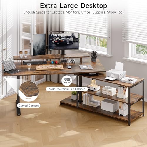 ONBRILL L Shaped Standing Desk with File Cabinet, 63x24'' Electric Stand Up Desk with Monitor and Storage Shelf, Adjustable Height 28-46'' for Home and Computer Workstation, Rustic Brown