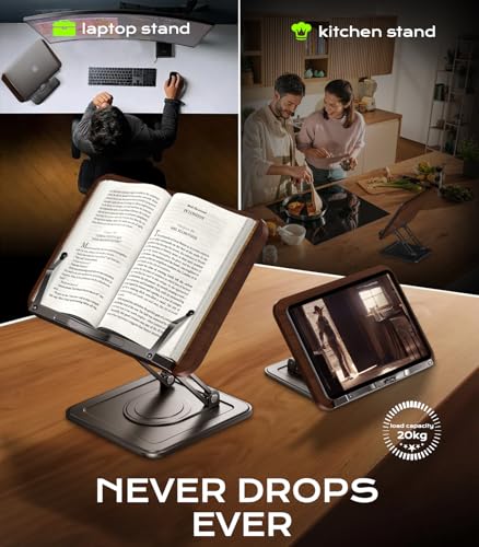 Book Stand for Reading, Adjustable Book Holder with 360°Rotating Bases, Ergonomic Cookbook Stand Recipe Book Holder with Elastic Page Clips for Magazines, Tablets, Laptops,Black