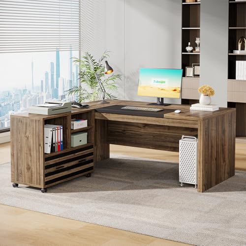 Tribesigns 62.2" Executive Desk with Mobile File Cabinet, L-Shaped Office Desk with Storage Shelves, Large Computer Desk Business Workstation Set for Home Office, Light Brown