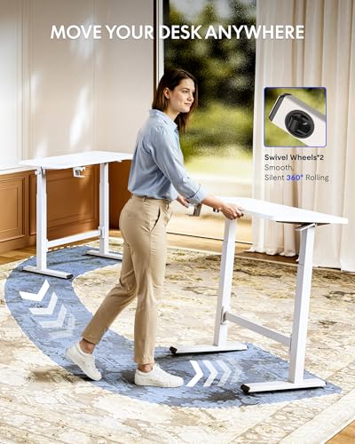 FLEXISPOT H7 Plus Gas Spring Adjustable Standing Desk, Mobile Rolling Sit-Stand Table with Wheels, Cordless Stand Up Desk for Small Spaces & Home Office, 32" One-Piece Desktop White,Height 27.6"–45"