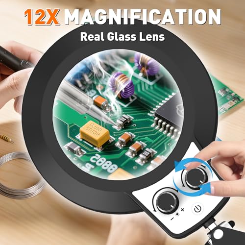 KIRKAS 12X Magnifying Glass with Light and Stand, Extra-Long Arm Magnifying Lamp Overhead Knob for Workbench Craft, Sewing, LED Lighted Magnifier Real Glass Lens Stepless Dimming and Color(35in Clamp)