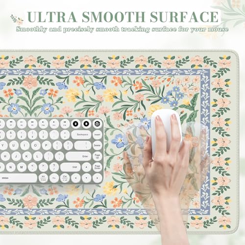 iCasso Desk Matt for Desktop, Desk Pad Mat, Green Floral Computer Mat for Keyboard and Mouse, XXL Large Mouse Pad, Anti-Slip Big Mousepad with Stitched Edges (Green)