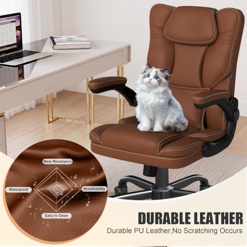 Ergonomic Office Chair with Flip-up Armrests, 300lbs Mid Back Computer Desk Chair with Lumbar Support, Executive Leather Chair with Rocking Function Adjustable Height for Home Office