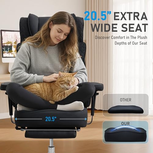 OwgeinSet Big and Tall Office Chair, Ergonomic Leather Reclining Chair with Footrest, High-Back Comfy Executive Computer Desk Chairs with Lumbar Support, Wide Seat, 400LBS (Black)