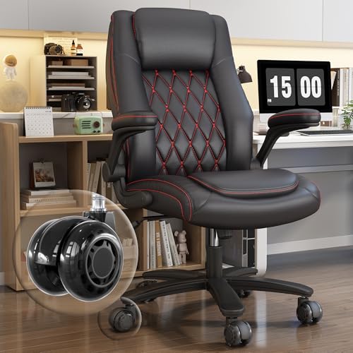 GYI Office Chair, Ergonomic Computer Desk Chair, Leather Executive Office Chair with High Back, Lumbar Support, Flip-up Arms, Wide and Thick Padded Seat, Heavy Duty Base, Rubber Wheels, Black