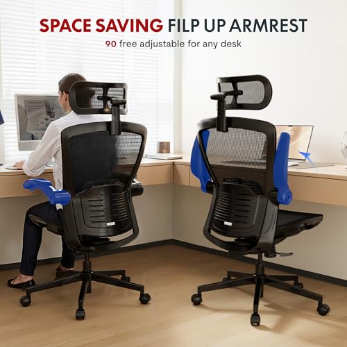 FLEXISPOT Ergonomic Office Chair with Flip-up Armrest, Free Space for Heavy People, Computer Chair with 8-Level Lumbar Support, Mesh OC3 Air-P Seat, Desk Chairs for Home Office Gaming Working, Black