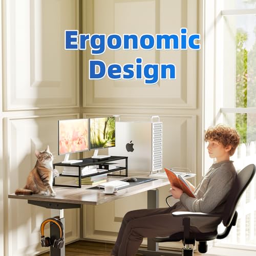 Simple Trending 2 Tier Metal Dual Monitor Stand Riser with 32"x10" Mouse Pad, Computer Desk Organizer for 2 Monitors, Laptop, Printer, TV, Black