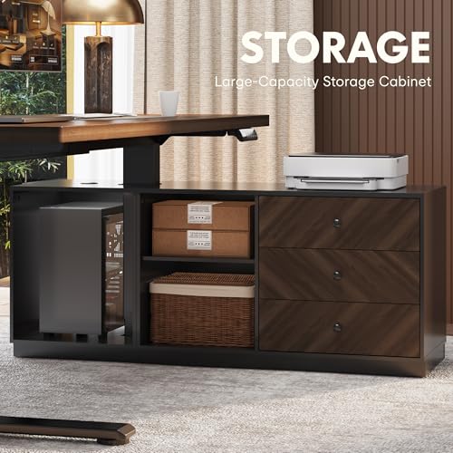 FLEXISPOT 71" L Shaped Standing Desk with Storage & CPU Holder, Dual Motor Height Adjustable Executive Desk, 222 LBS Capacity, 1" Thick Desktop for Home Office, Black Walnut, 3 Packages