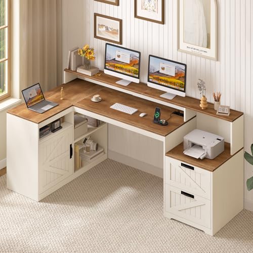 TVU Farmhouse L Shaped Desk with Drawers, 62.2" Home Office Desk with Storage Shelves and Power Outlet, L Shaped Computer Desk with Monitor Stand and Printer Shelf, Brown and White