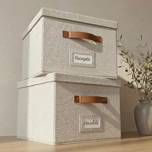 Decorative File Organizer Box Set of 2 - Collapsible Linen Filing Cabinets with Handles Are Perfect to Store All Your Documents & Hanging File Folders - Portable Easy Slide Office Crates with Lid